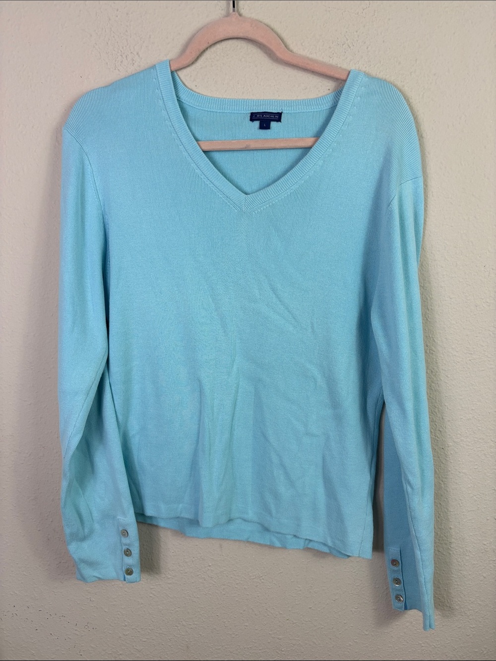 J. McLaughlin Sky Blue V-neck Pullover Sweater Cotton Blend w/ shell buttons L - Picture 2 of 9